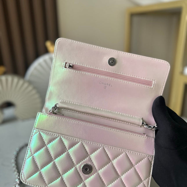 CHANEL 25S WALLET ON CHAIN 19 IN PEARLESCENT PINK WHITE LAMBSKIN