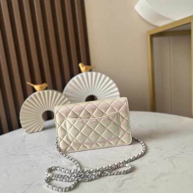 CHANEL 25S WALLET ON CHAIN 19 IN PEARLESCENT PINK WHITE LAMBSKIN