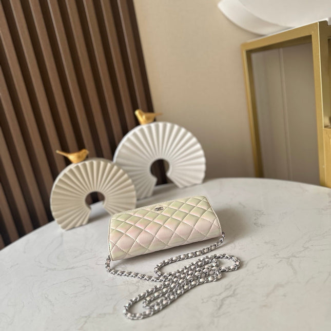 CHANEL 25S WALLET ON CHAIN 19 IN PEARLESCENT PINK WHITE LAMBSKIN