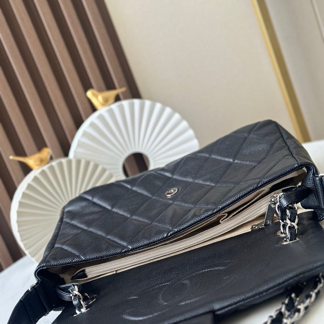 CHANEL 25S SHOULDER BAG 34 IN BLACK CAVIAR WITH SILVER HARDWARE