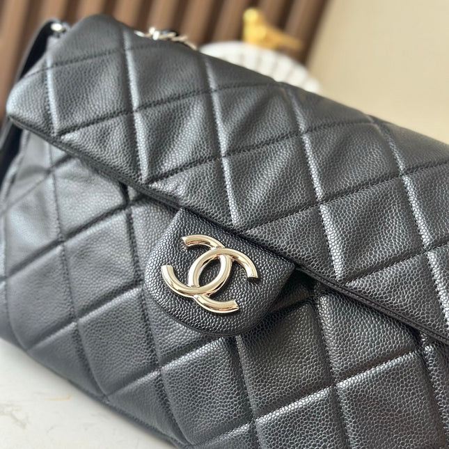 CHANEL 25S SHOULDER BAG 34 IN BLACK CAVIAR WITH SILVER HARDWARE
