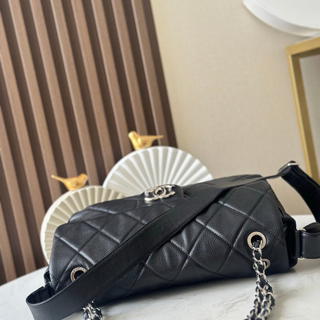 CHANEL 25S SHOULDER BAG 34 IN BLACK CAVIAR WITH SILVER HARDWARE
