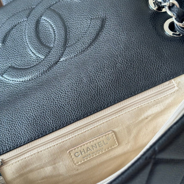 CHANEL 25S SHOULDER BAG 34 IN BLACK CAVIAR WITH SILVER HARDWARE