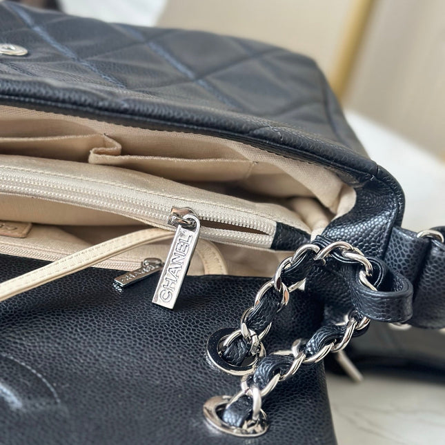 CHANEL 25S SHOULDER BAG 34 IN BLACK CAVIAR WITH SILVER HARDWARE