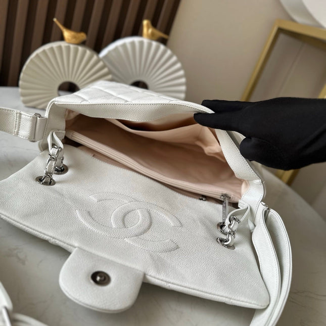 CHANEL 25S SHOULDER BAG 40 IN WHITE CAVIAR WITH SILVER HARDWARE