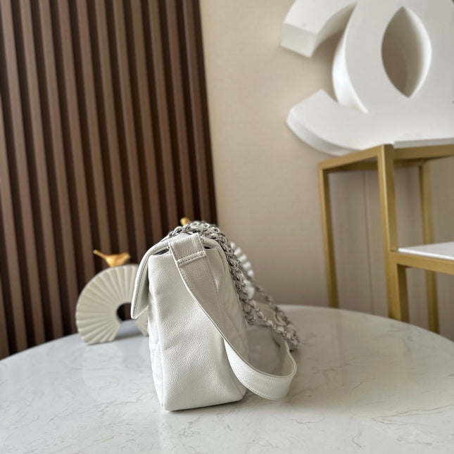 CHANEL 25S SHOULDER BAG 40 IN WHITE CAVIAR WITH SILVER HARDWARE