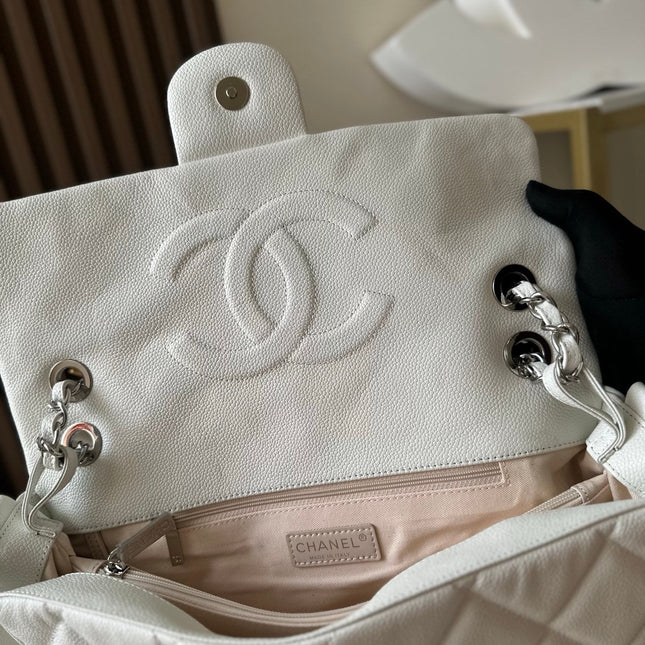 CHANEL 25S SHOULDER BAG 40 IN WHITE CAVIAR WITH SILVER HARDWARE