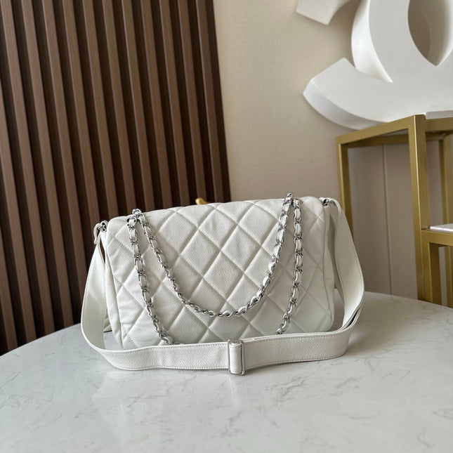 CHANEL 25S SHOULDER BAG 40 IN WHITE CAVIAR WITH SILVER HARDWARE