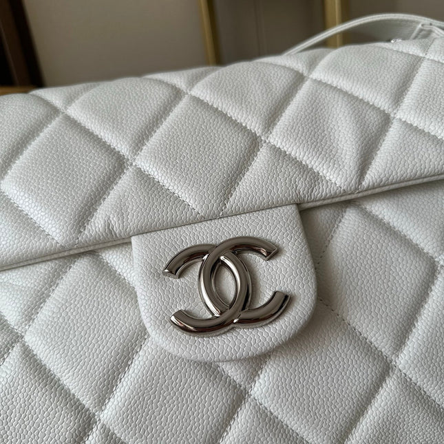 CHANEL 25S SHOULDER BAG 40 IN WHITE CAVIAR WITH SILVER HARDWARE