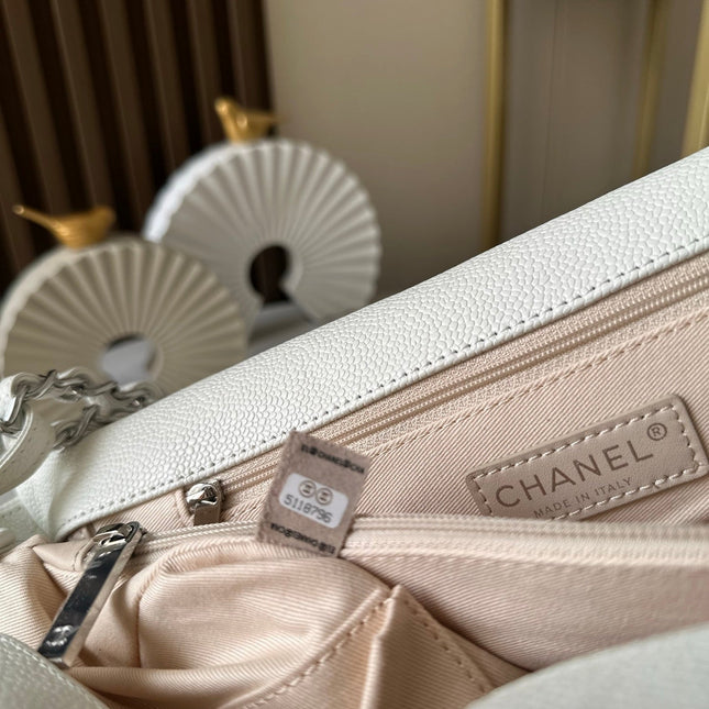 CHANEL 25S SHOULDER BAG 40 IN WHITE CAVIAR WITH SILVER HARDWARE