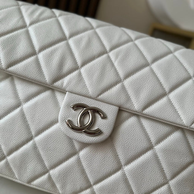 CHANEL 25S SHOULDER BAG 34 IN WHITE CAVIAR WITH SILVER HARDWARE