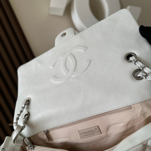 CHANEL 25S SHOULDER BAG 34 IN WHITE CAVIAR WITH SILVER HARDWARE