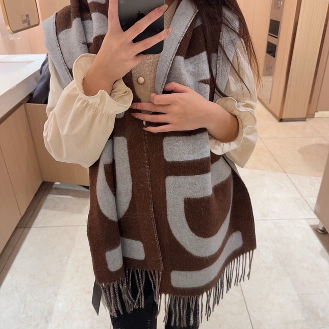 FF 185 CM SCARF IN CAMEL BROWN MIX GREY CASHMERE AND WOOL