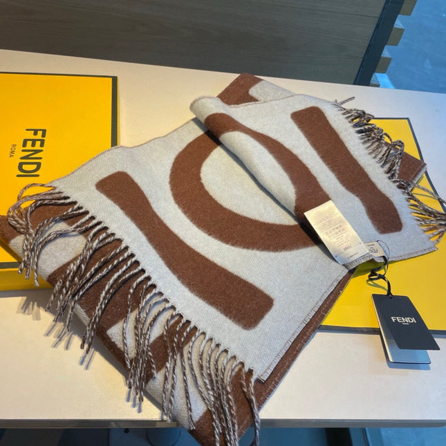 FF 185 CM SCARF IN CAMEL BROWN MIX GREY CASHMERE AND WOOL