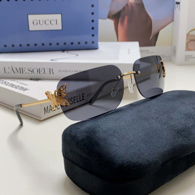 BUTTERFLY EMBELLISHED RIMLESS RECTANGULAR FRAME SUNGLASSES 570245 IN METAL
