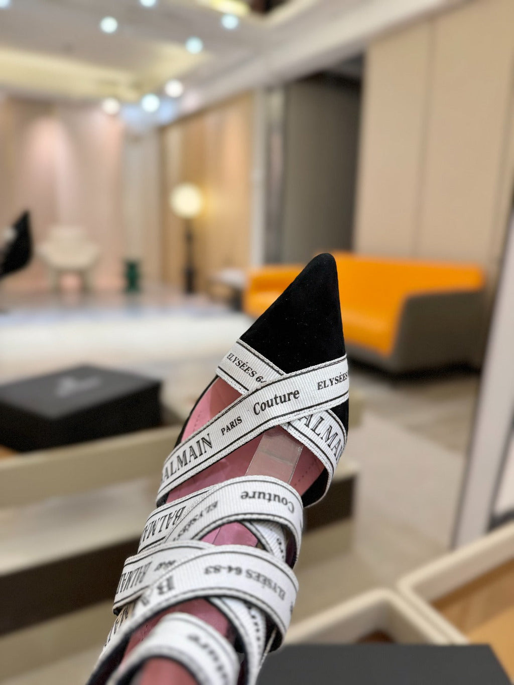 BALMAIN 25S HIGH HEELS LOGO RIBBON 95MM IN BLACK AND WHITE SUEDE