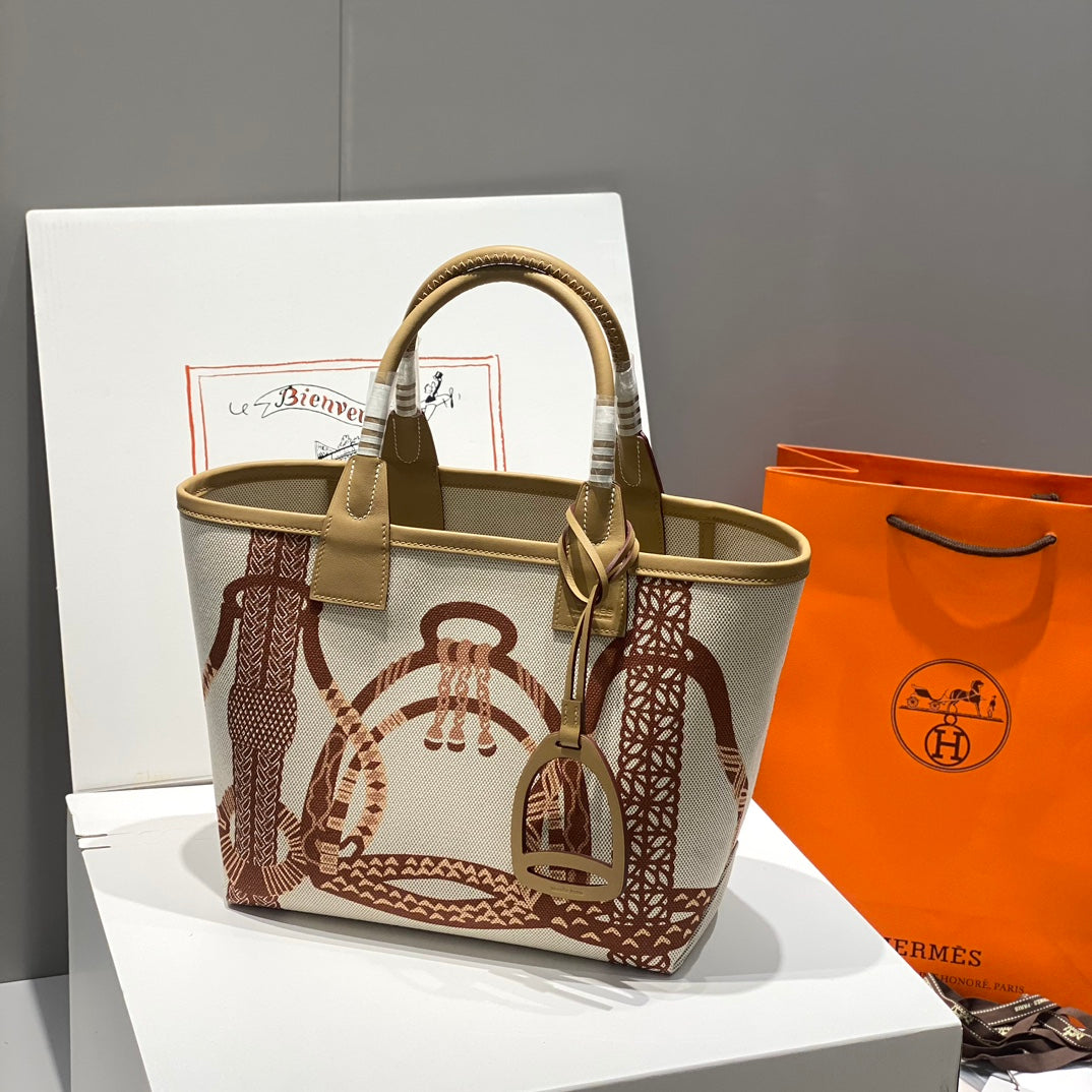 STEEPLE 28 BAG IN OFF-WHITE MIX BROWN CANVAS AND CALFSKIN