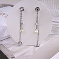 CD 26S PEARL CRYSTAL CHAIN DROP EARRINGS IN SILVER TONE METAL 646468