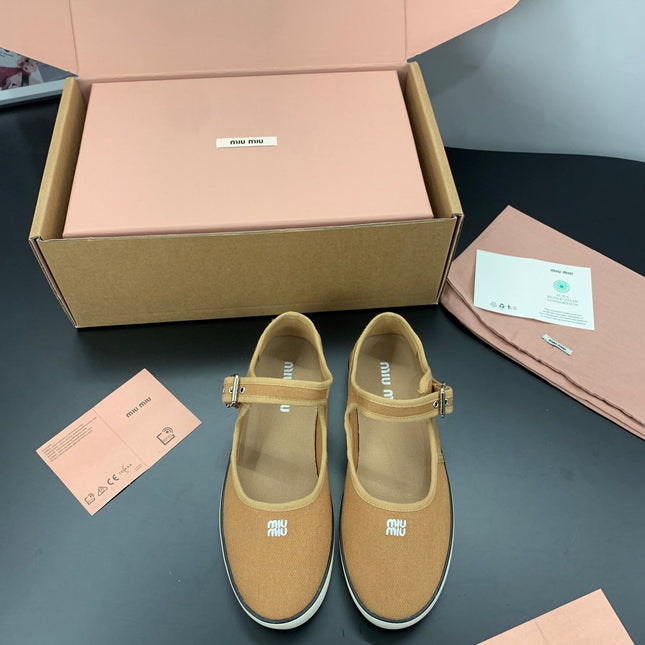 26S MARY JANE FLATS IN CARAMEL BROWN CANVAS LOGO
