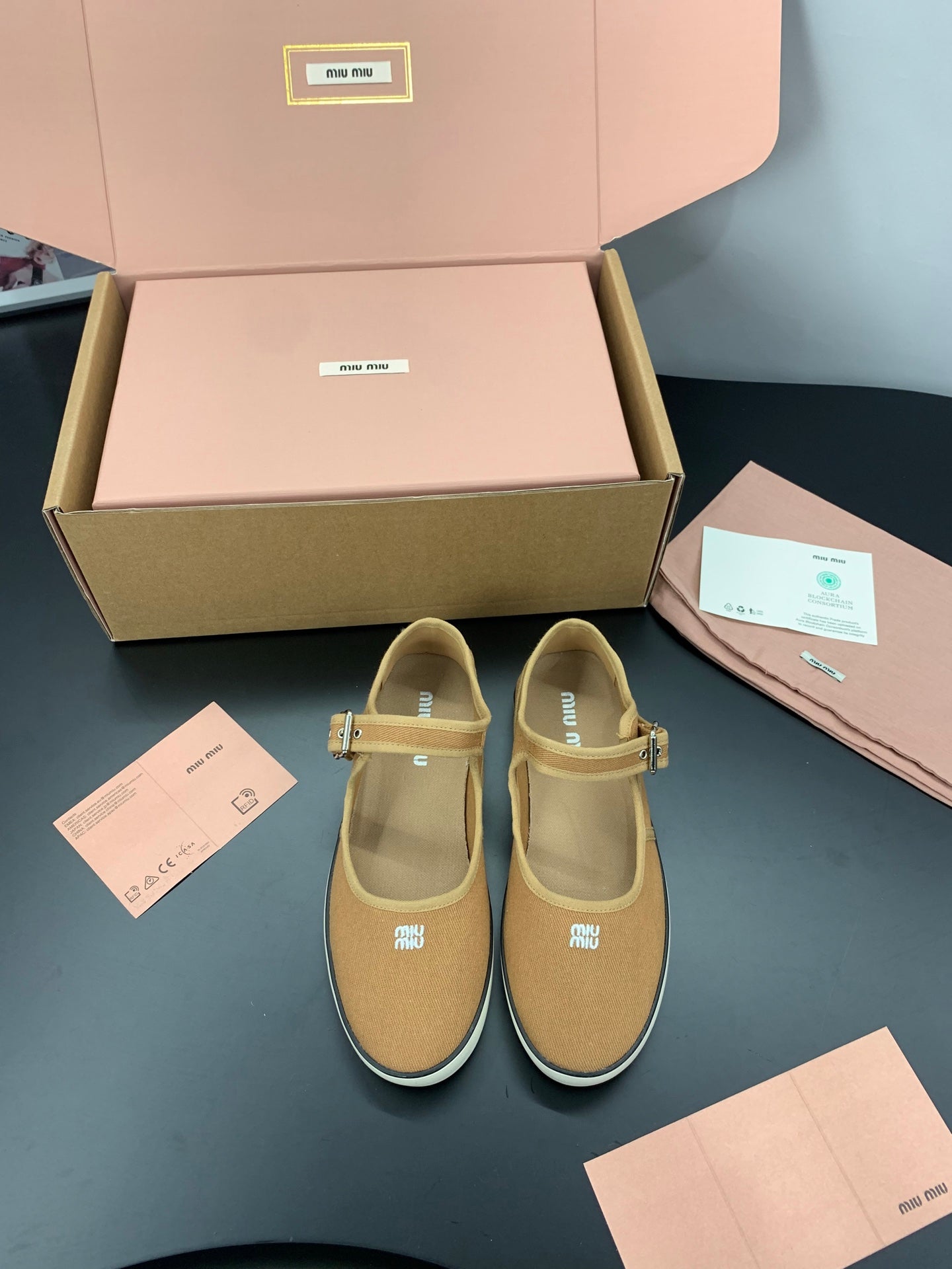26S MARY JANE FLATS IN CARAMEL BROWN CANVAS LOGO