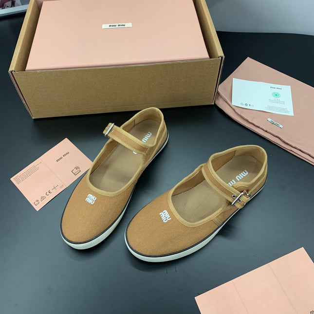 26S MARY JANE FLATS IN CARAMEL BROWN CANVAS LOGO