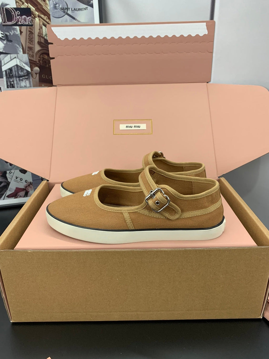 26S MARY JANE FLATS IN CARAMEL BROWN CANVAS LOGO