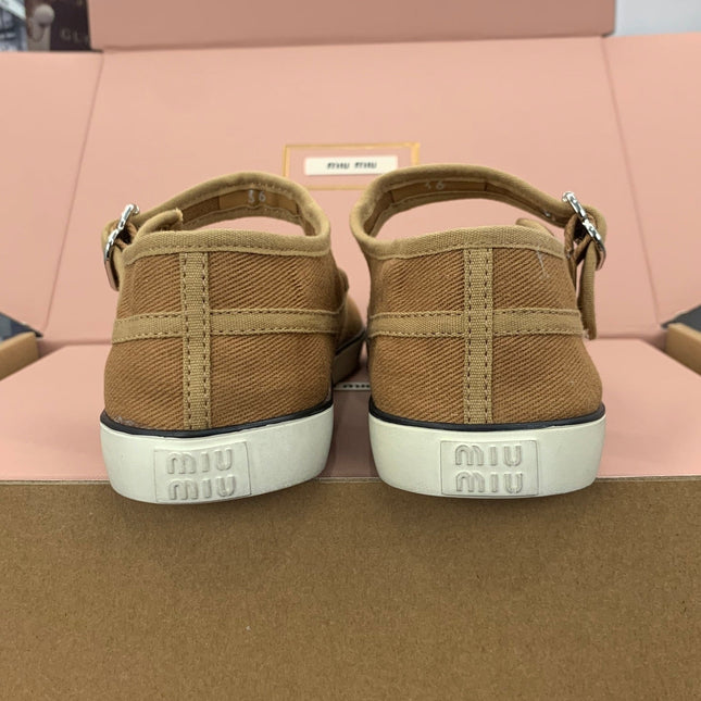 26S MARY JANE FLATS IN CARAMEL BROWN CANVAS LOGO