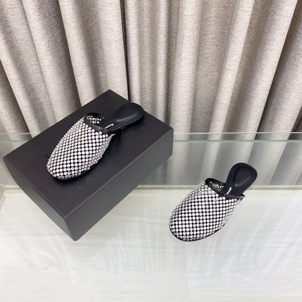 WHITE CRYSTAL STUDDED FLAT MULE IN BLACK MESH UPPER