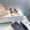 CHANEL 26S SQUARE-TOE HIGH HEELS 95 MM IN BEIGE AND WHITE LAMBSKIN