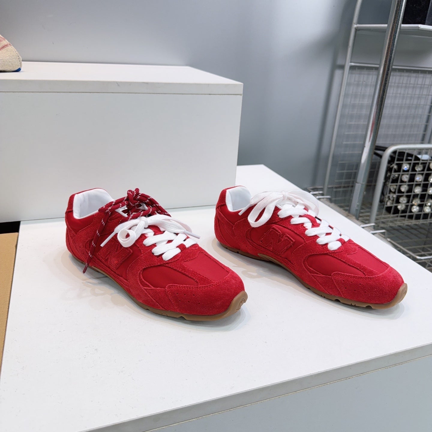 MIUMIU 26S NEW BALANCE SNEAKERS IN DARK RED SUEDE & FABRIC