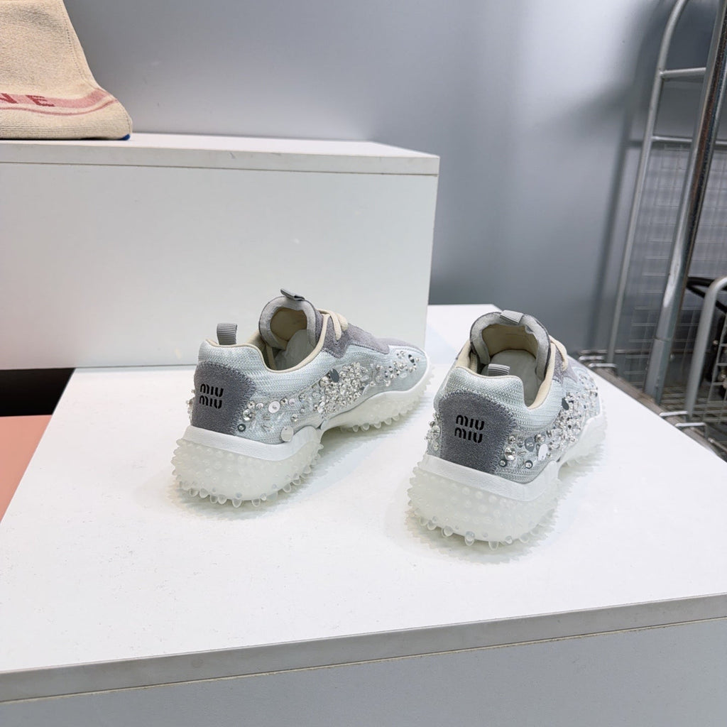 MIUMIU 26S SNEAKERS IN LIGHT GREY FABRIC AND SUEDE CRYSTAL EMBELLISHED