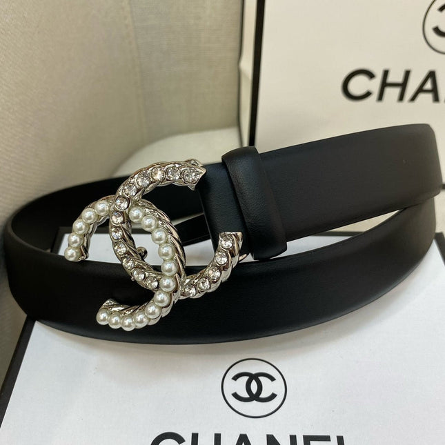 CC BELT 30 MM IN BLACK CALFSKIN WITH SILVER BUCKLE HARDWARE ATTACH PEARL