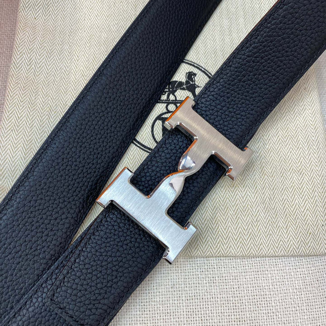 HM H BELT BUCKLE & REVERSIBLE BLACK LEATHER STRAP 38MM SILVER HARDWARE