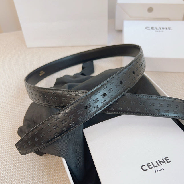CELINE 25S BELT TRIOMPHE 25MM IN BLACK CALFSKIN DEBOSSED LOGO 563328
