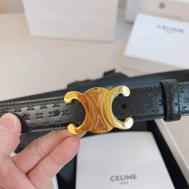 CELINE 25S BELT TRIOMPHE 25MM IN BLACK CALFSKIN DEBOSSED LOGO 563328