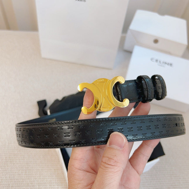 CELINE 25S BELT TRIOMPHE 25MM IN BLACK CALFSKIN DEBOSSED LOGO 563328