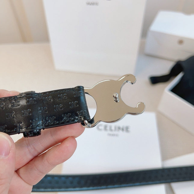 CELINE 25S BELT TRIOMPHE 25MM IN BLACK CALFSKIN DEBOSSED LOGO 563329