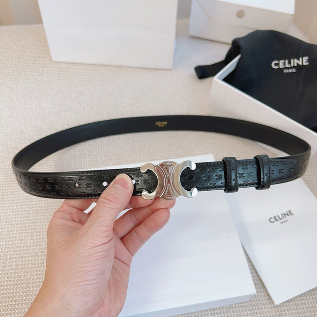 CELINE 25S BELT TRIOMPHE 25MM IN BLACK CALFSKIN DEBOSSED LOGO 563329