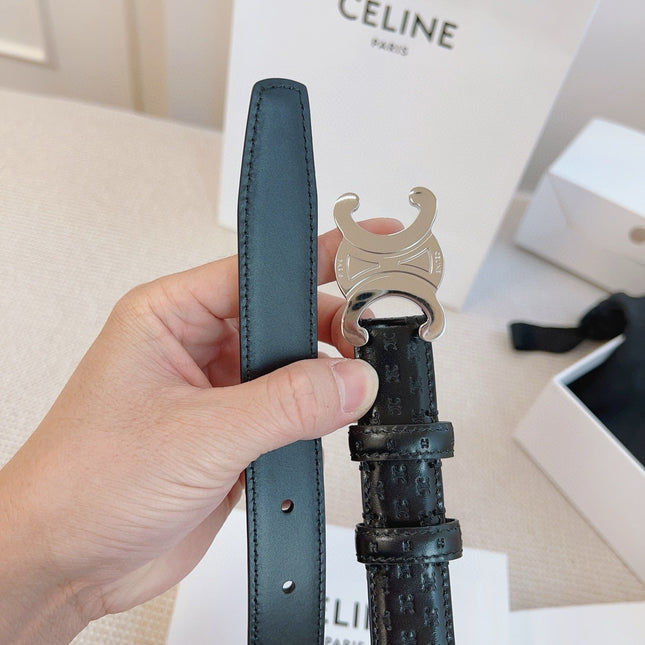 CELINE 25S BELT TRIOMPHE 25MM IN BLACK CALFSKIN DEBOSSED LOGO 563329