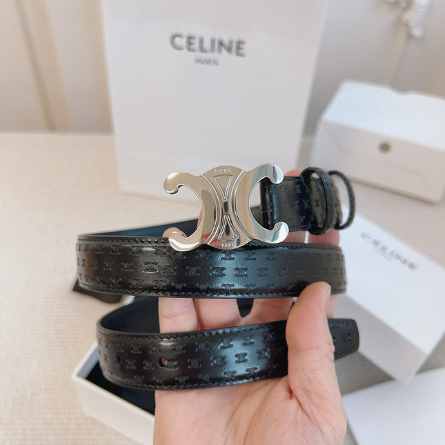 CELINE 25S BELT TRIOMPHE 25MM IN BLACK CALFSKIN DEBOSSED LOGO 563329