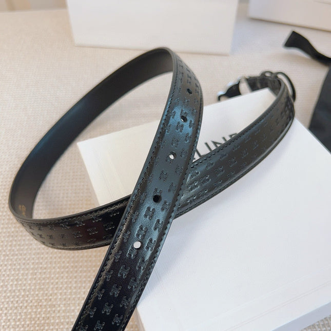 CELINE 25S BELT TRIOMPHE 25MM IN BLACK CALFSKIN DEBOSSED LOGO 563329