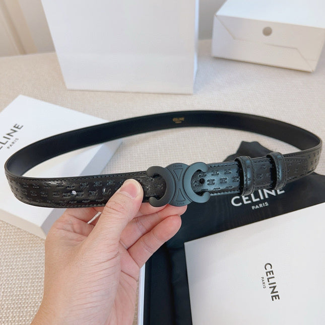 CELINE 25S BELT TRIOMPHE 25MM IN BLACK CALFSKIN DEBOSSED LOGO 563330