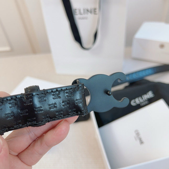 CELINE 25S BELT TRIOMPHE 25MM IN BLACK CALFSKIN DEBOSSED LOGO 563330