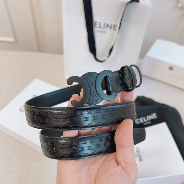 CELINE 25S BELT TRIOMPHE 25MM IN BLACK CALFSKIN DEBOSSED LOGO 563330