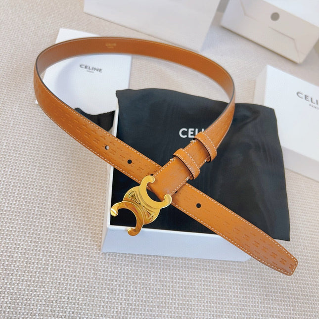 CELINE 25S BELT TRIOMPHE 25MM IN LIGHT BROWN CALFSKIN DEBOSSED LOGO 563331