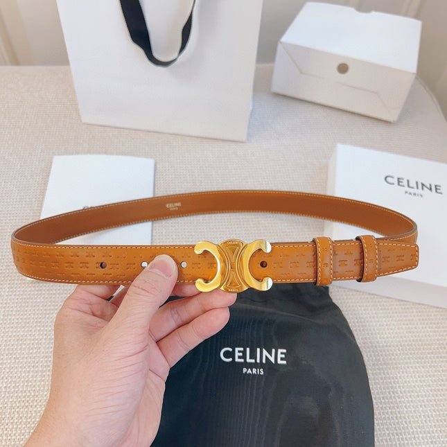 CELINE 25S BELT TRIOMPHE 25MM IN LIGHT BROWN CALFSKIN DEBOSSED LOGO 563331