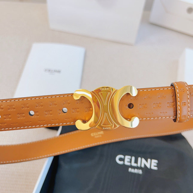 CELINE 25S BELT TRIOMPHE 25MM IN LIGHT BROWN CALFSKIN DEBOSSED LOGO 563331