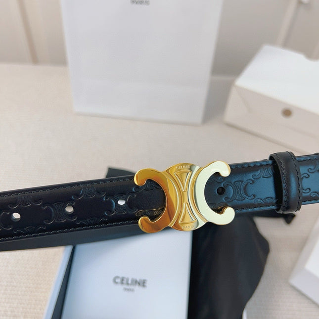 CELINE 25S BELT 25MM TRIOMPHE IN BLACK CALFSKIN GOLD HARDWARE 563332