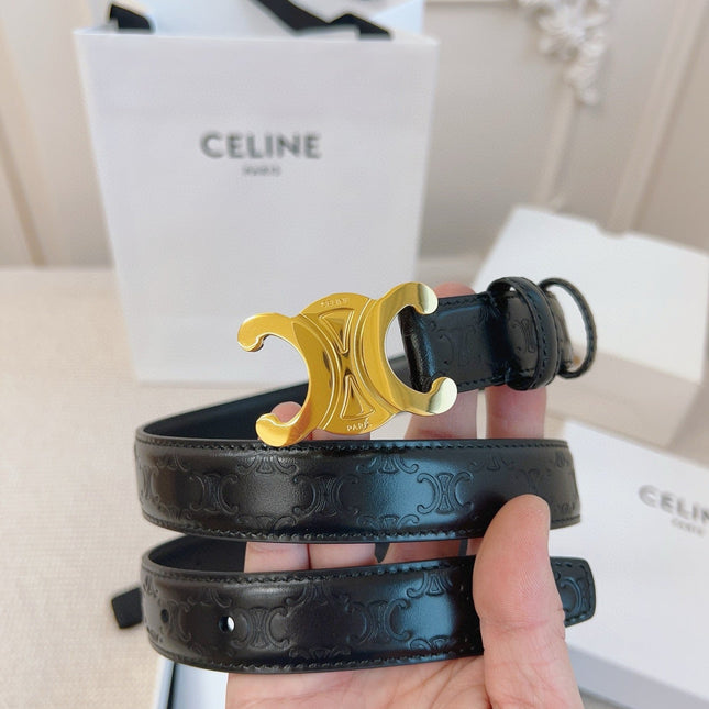 CELINE 25S BELT 25MM TRIOMPHE IN BLACK CALFSKIN GOLD HARDWARE 563332