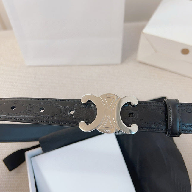 CELINE 25S BELT 25MM TRIOMPHE IN BLACK CALFSKIN SILVER HARDWARE 563333